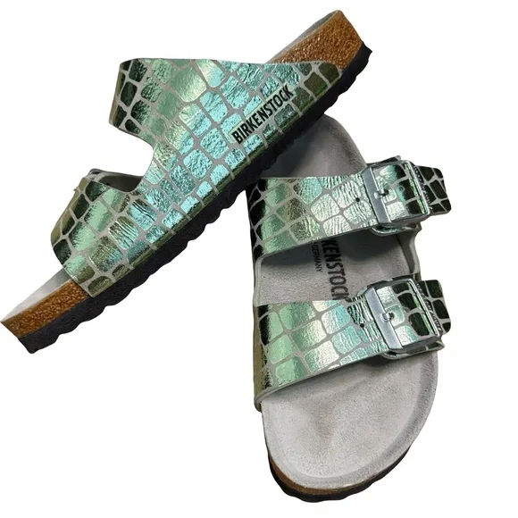 Birkenstock Metallic Green Croc Sandals - Picture 4 of 9
